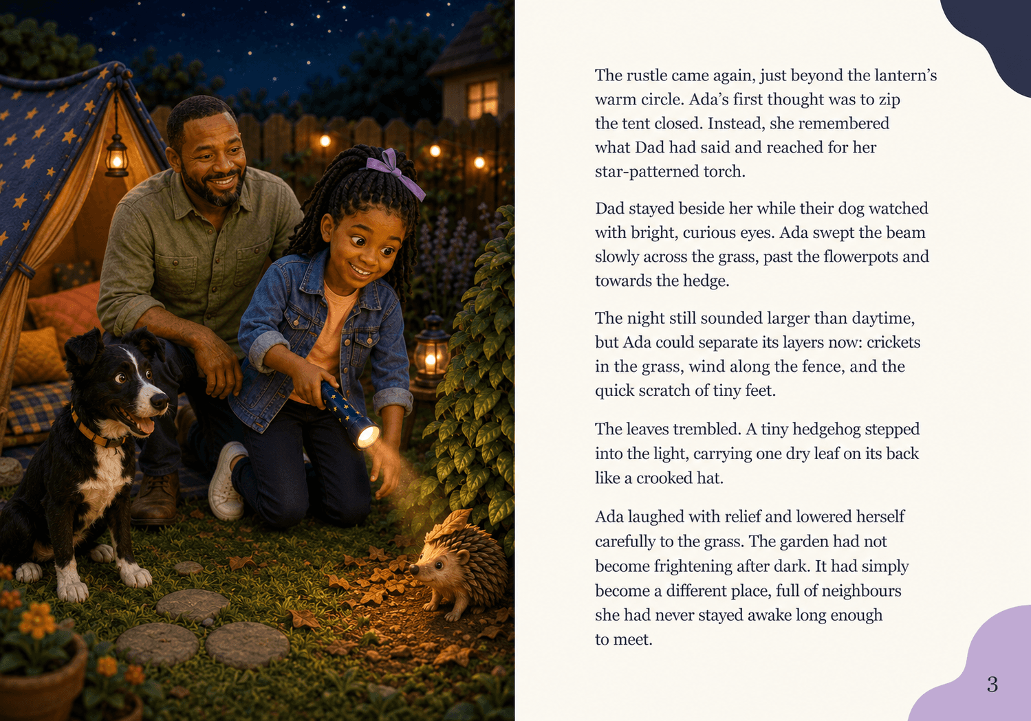 Open sample spread from Ada and the Backyard Campout, with Ada finding a hedgehog beside the typeset story page.