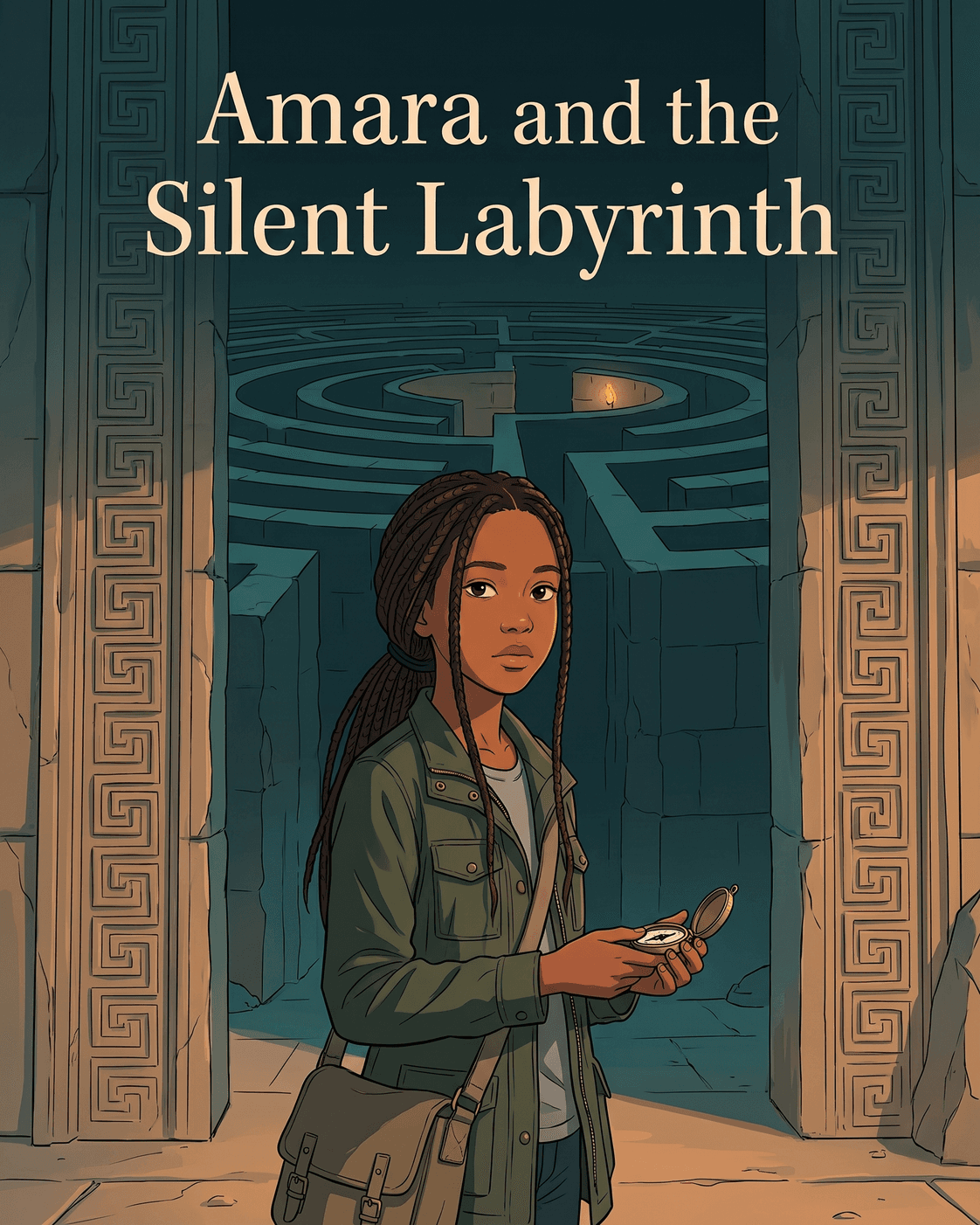 Soft anime cover of Amara standing at the mouth of an ancient stone labyrinth at dusk, holding a brass compass.