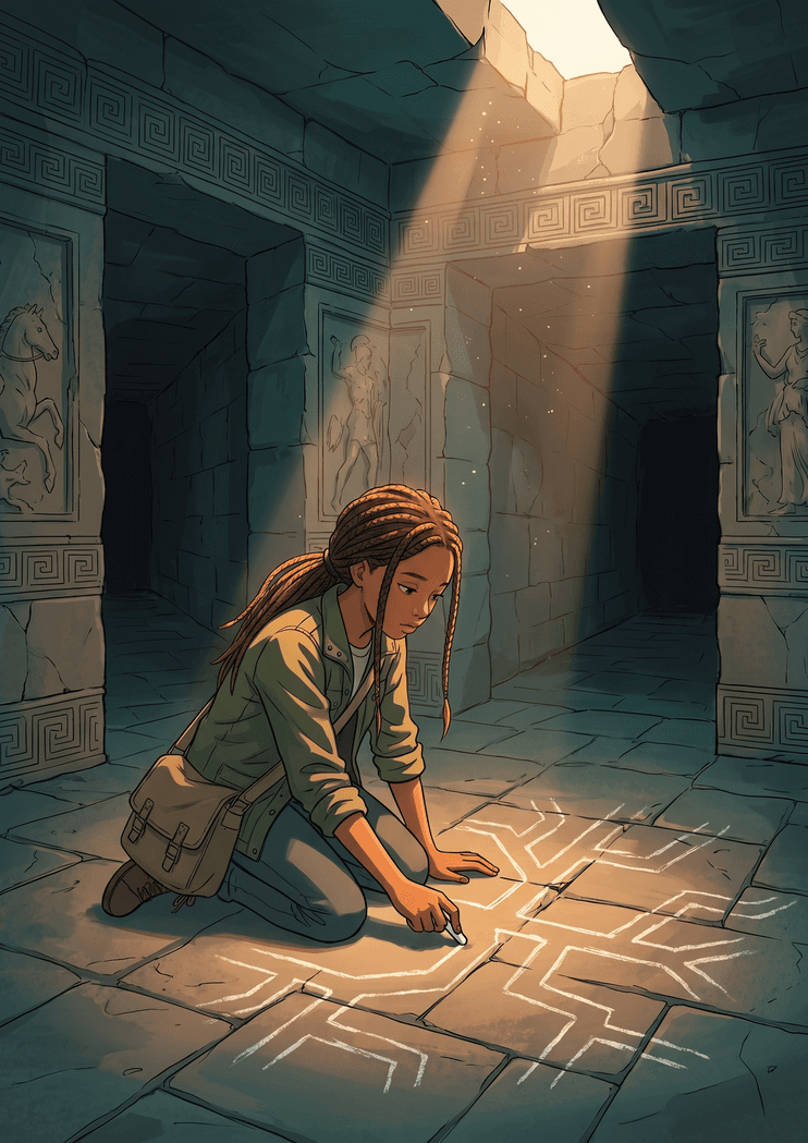 Interior illustration from Amara and the Silent Labyrinth, showing Amara mapping the passages in chalk by a shaft of light.