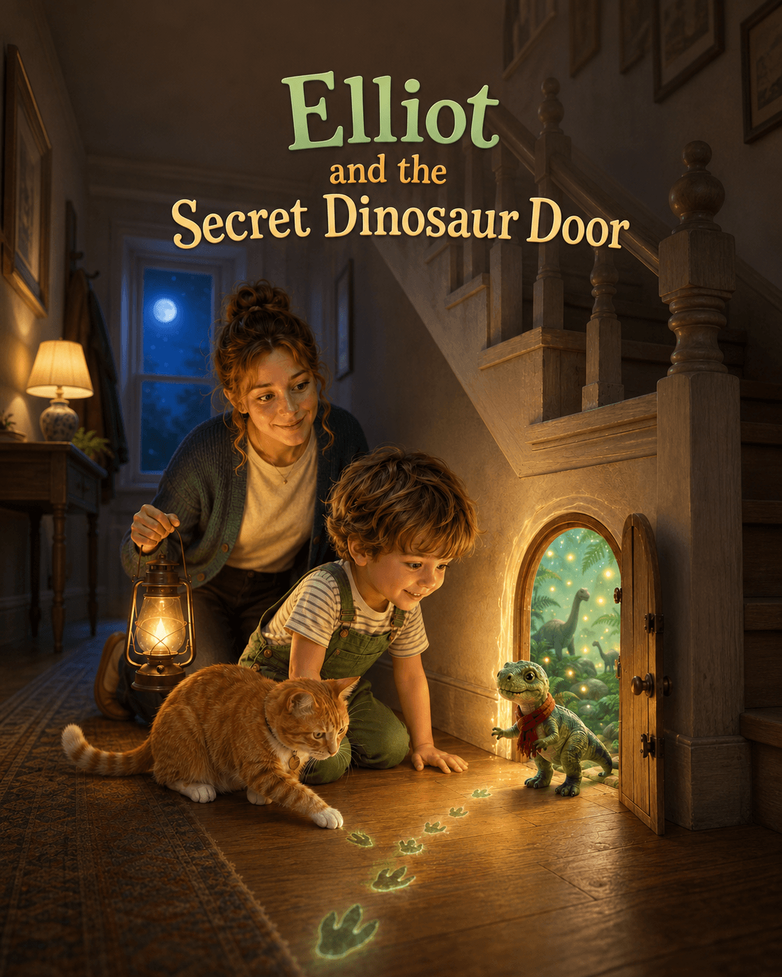 3D animated cover of Elliot, his mum, and their cat discovering a tiny glowing door to a dinosaur world.