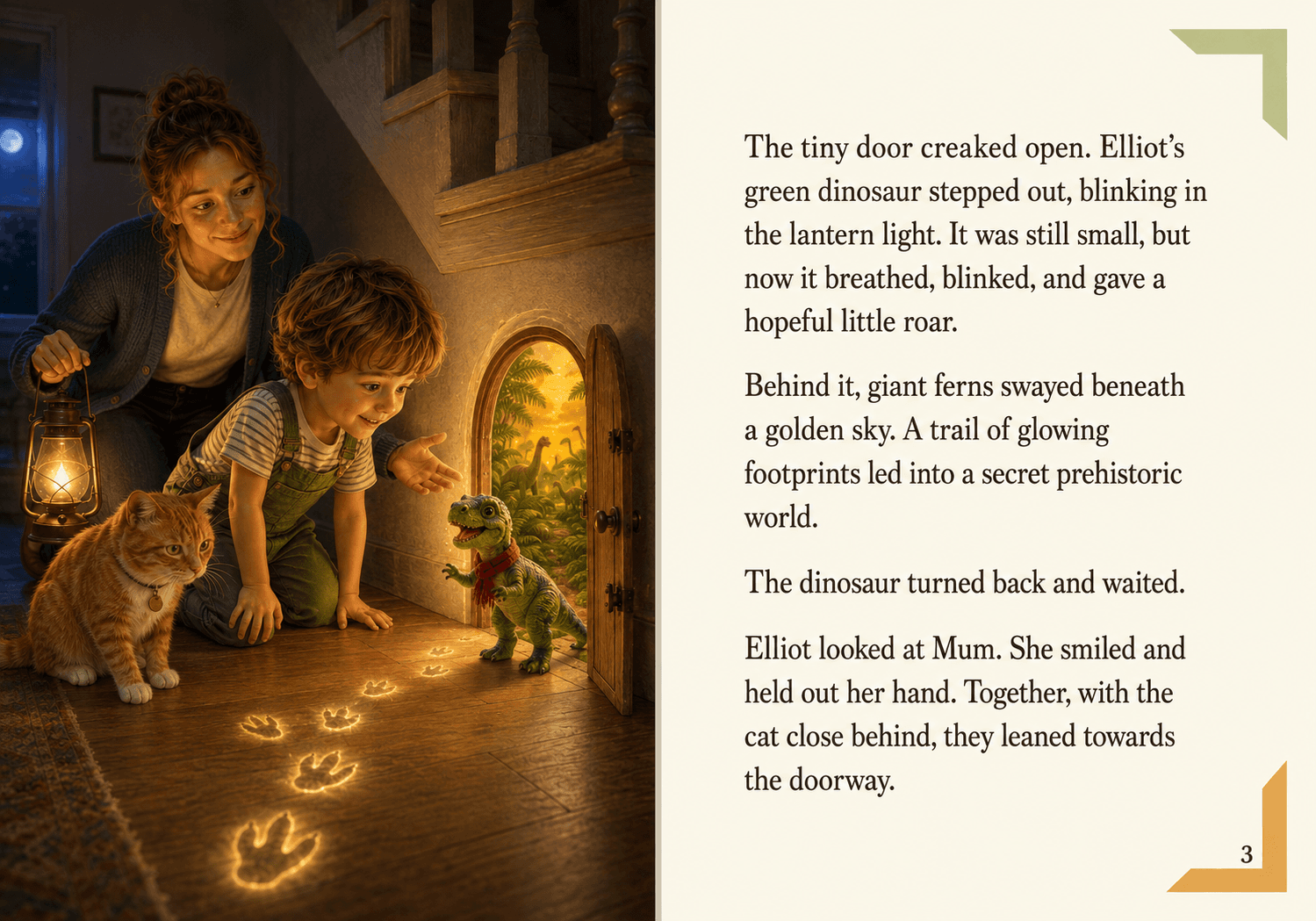 Open sample spread from Elliot and the Secret Dinosaur Door, with Elliot discovering the living dinosaur beside the typeset story page.