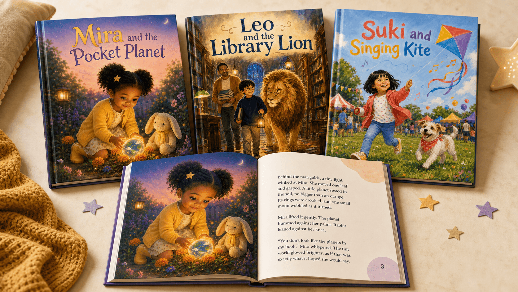 Three titled Star Catcher Stories example books and an open two-page spread from Mira and the Pocket Planet.