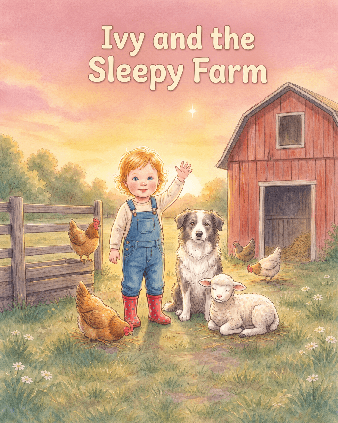 Dreamy pastel cover of Ivy waving goodnight on a farm at sunset, with the sheepdog, a lamb and the hens.