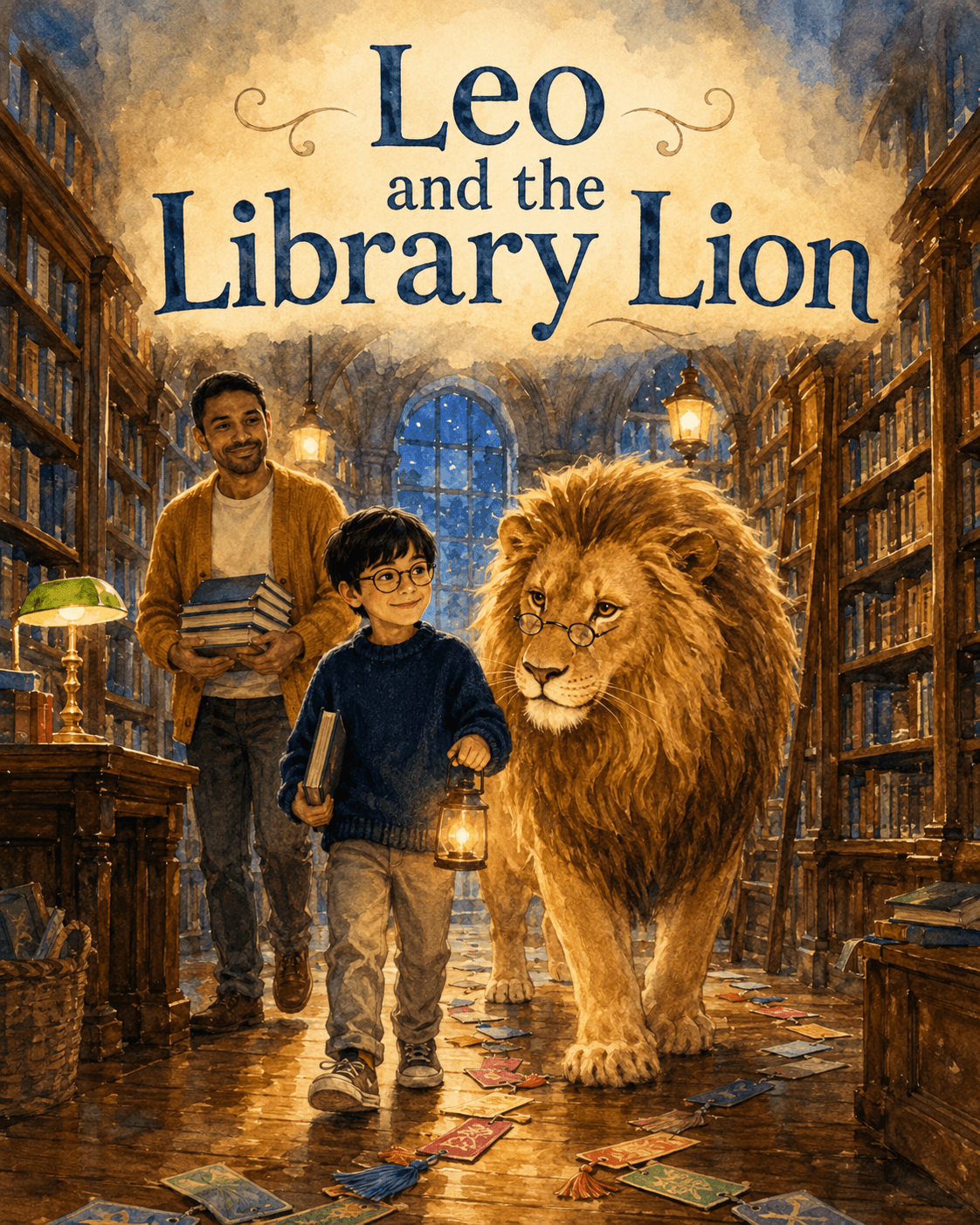 Watercolour cover of Leo, his dad, and a friendly bespectacled lion exploring a library after closing.