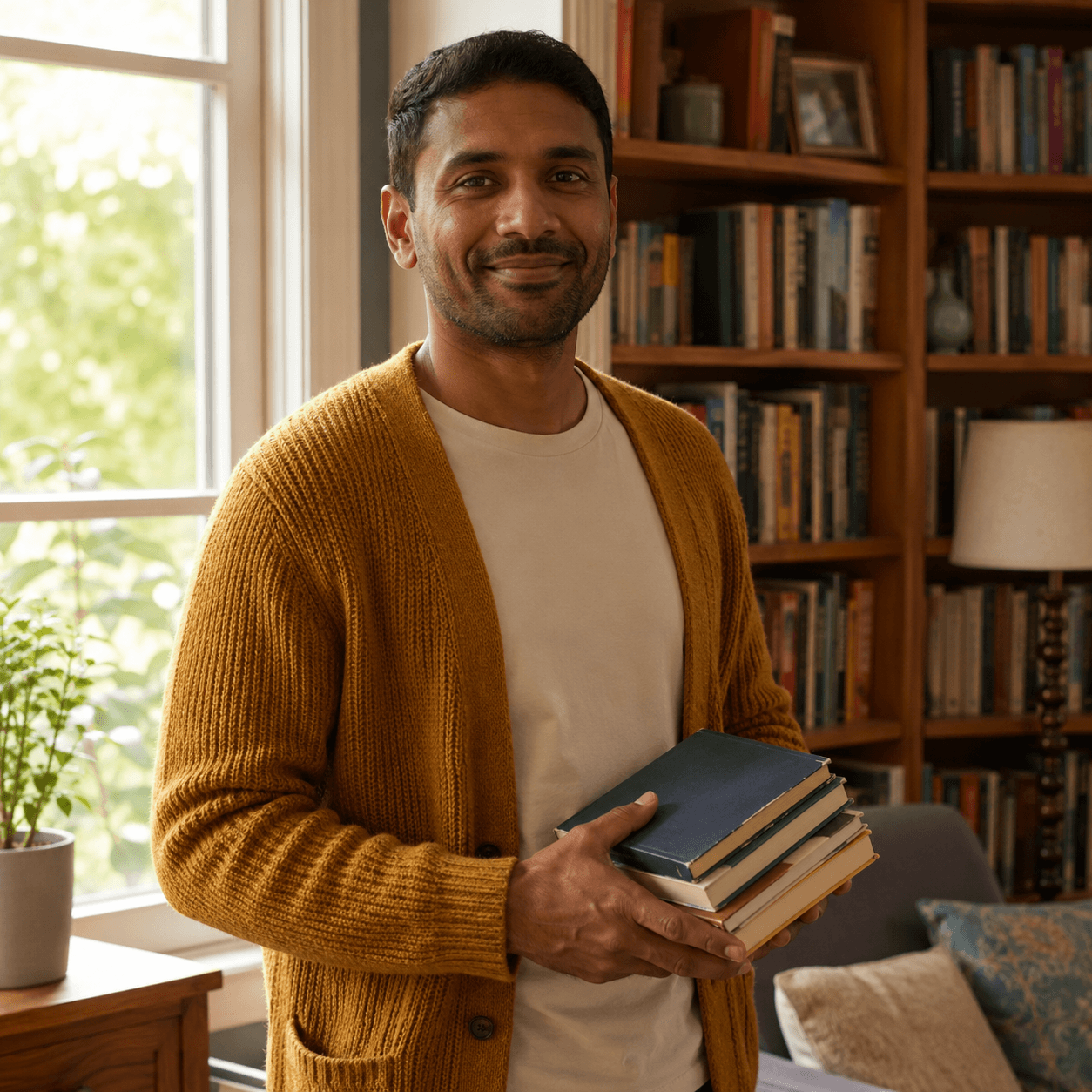 Photorealistic character reference for Leo's dad holding library books.