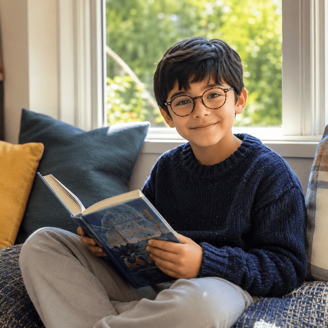 Photorealistic character reference for Leo wearing glasses and a navy jumper.