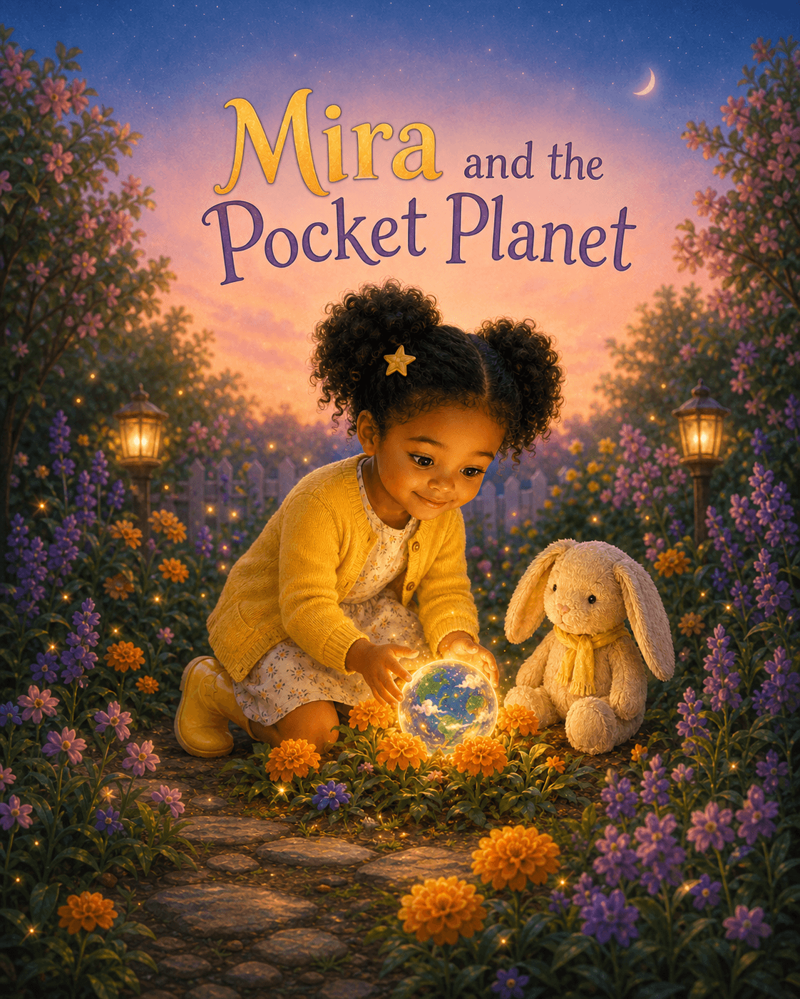 Illustrated cover of Mira discovering a glowing pocket planet beside her plush rabbit in a flower garden.
