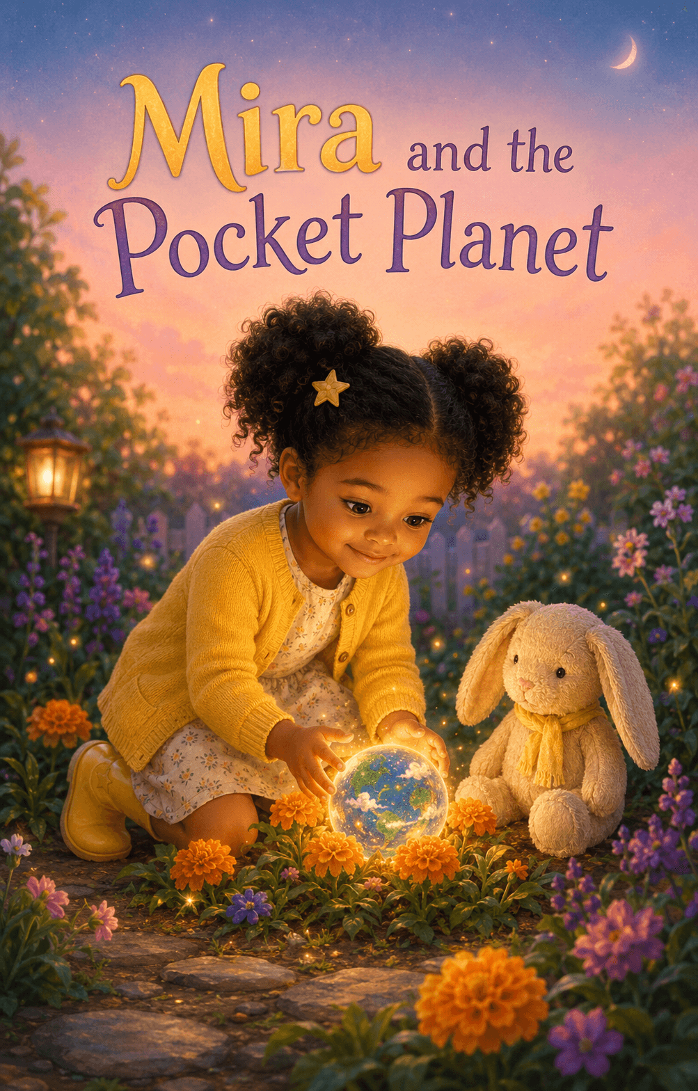 Illustrated cover of Mira discovering a glowing pocket planet beside her plush rabbit in a flower garden.