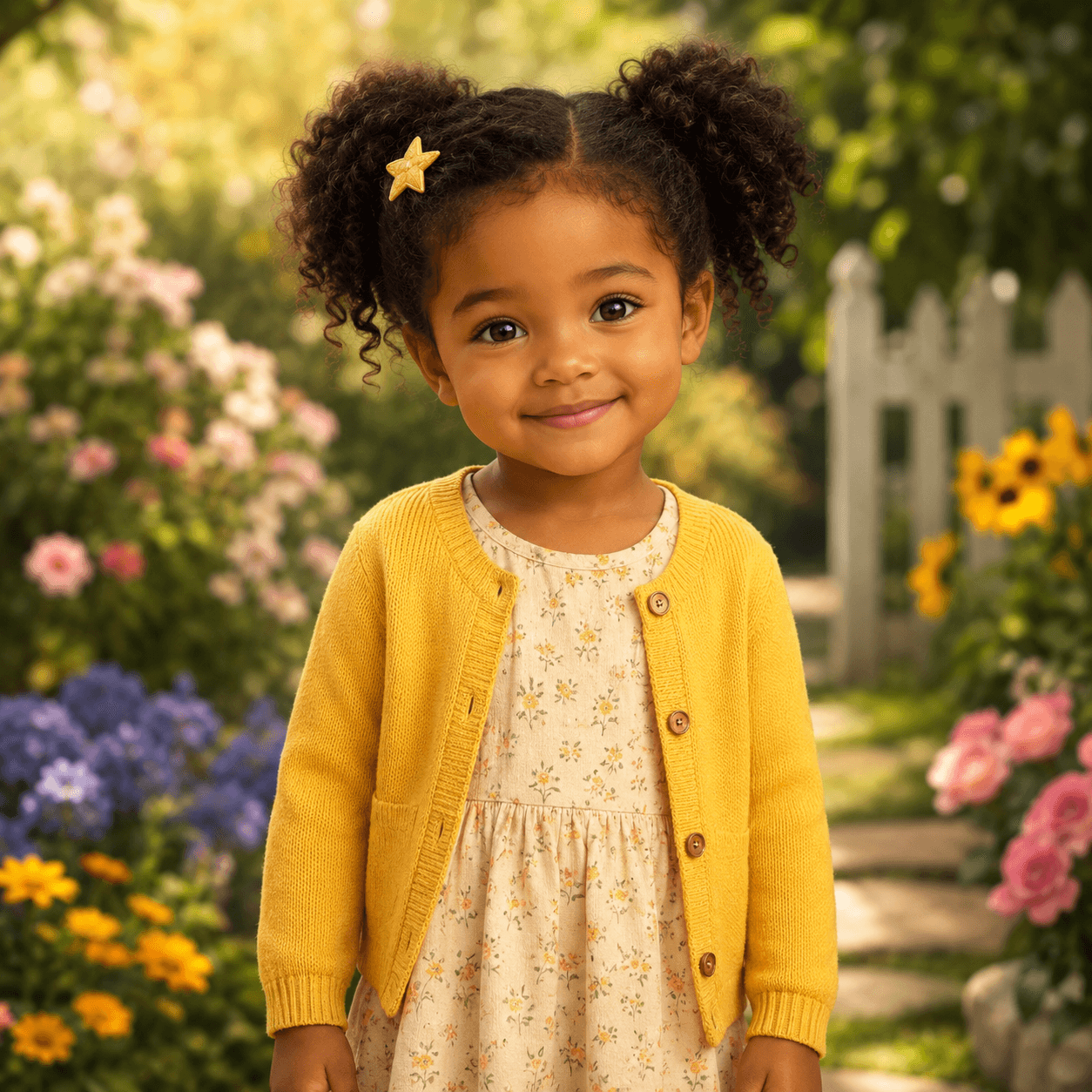 Photorealistic character reference for Mira in a yellow cardigan.
