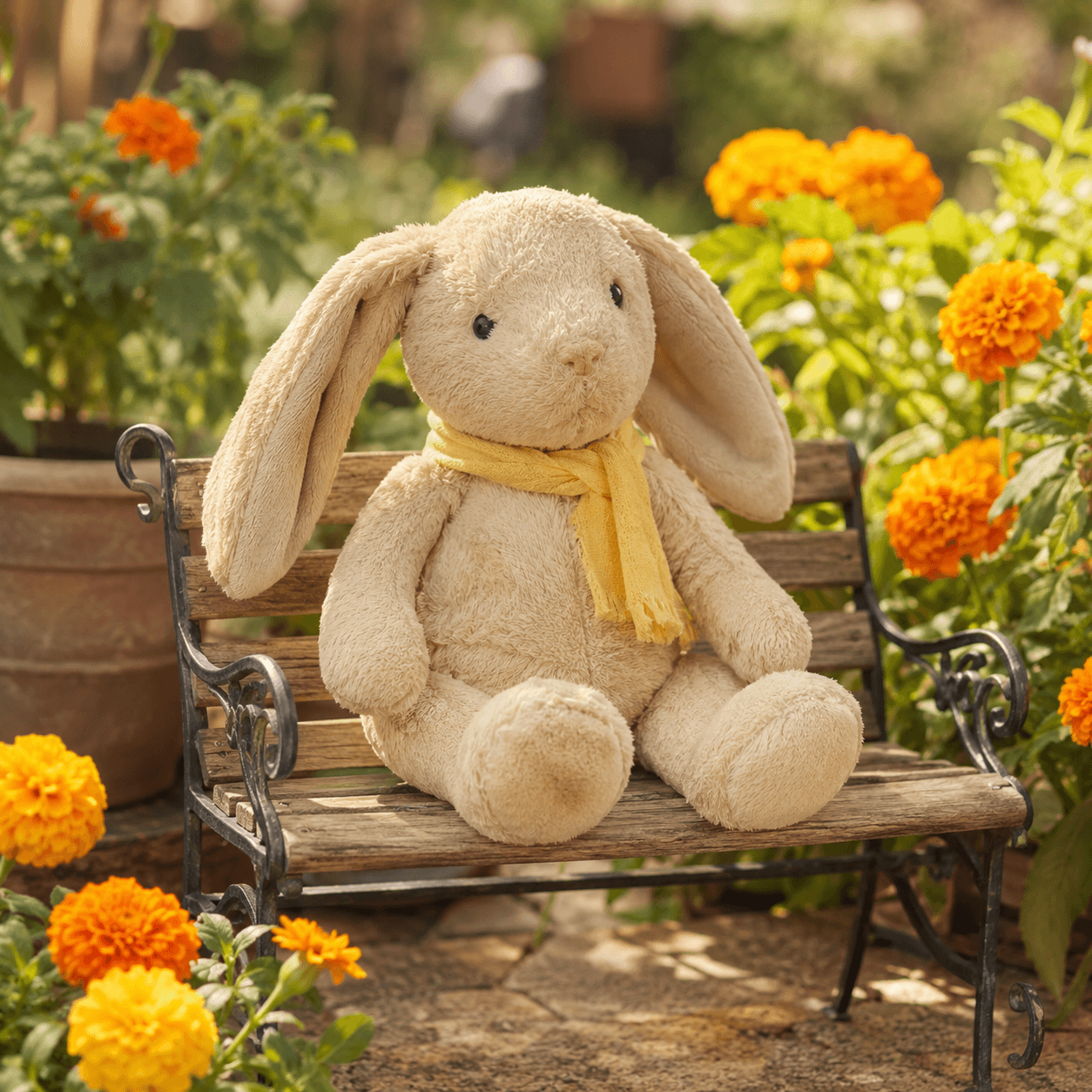 Photorealistic reference for Mira's cream plush rabbit.