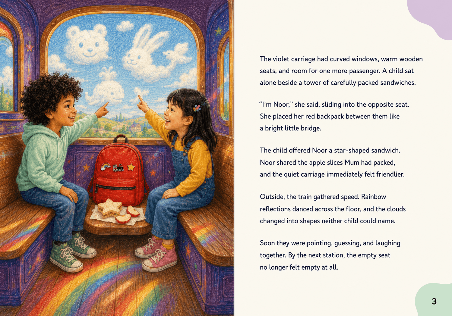 Open sample spread from Noor and the Rainbow Train, with Noor making a friend aboard the train beside the typeset story page.