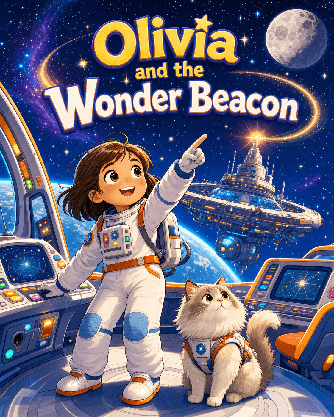 Comic-book cover of Olivia and her cat Fluffy exploring a space station aboard a research shuttle.