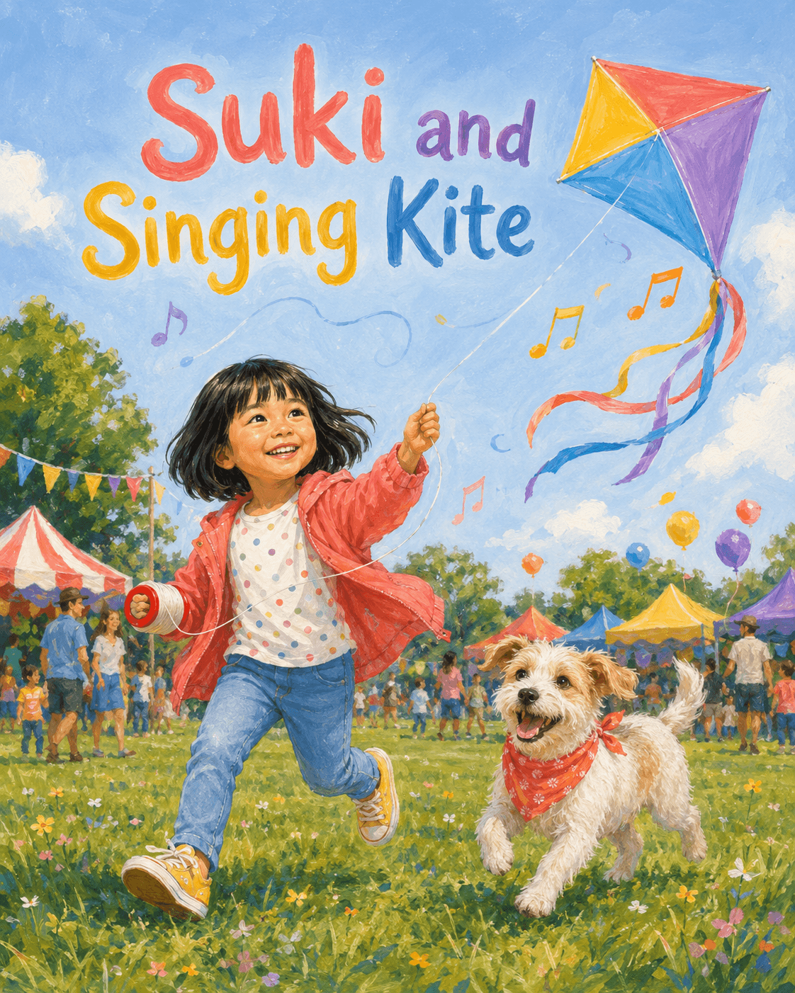 Gouache cover of Suki flying a colourful singing kite with her dog at a sunny festival.