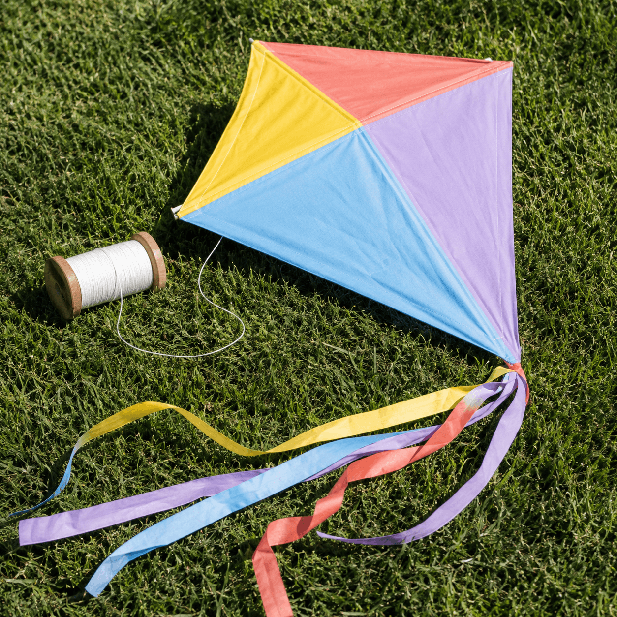 Photorealistic reference for Suki's colourful patchwork kite.