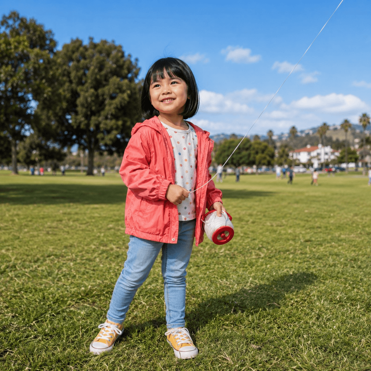 Photorealistic character reference for Suki in a coral jacket at the park.
