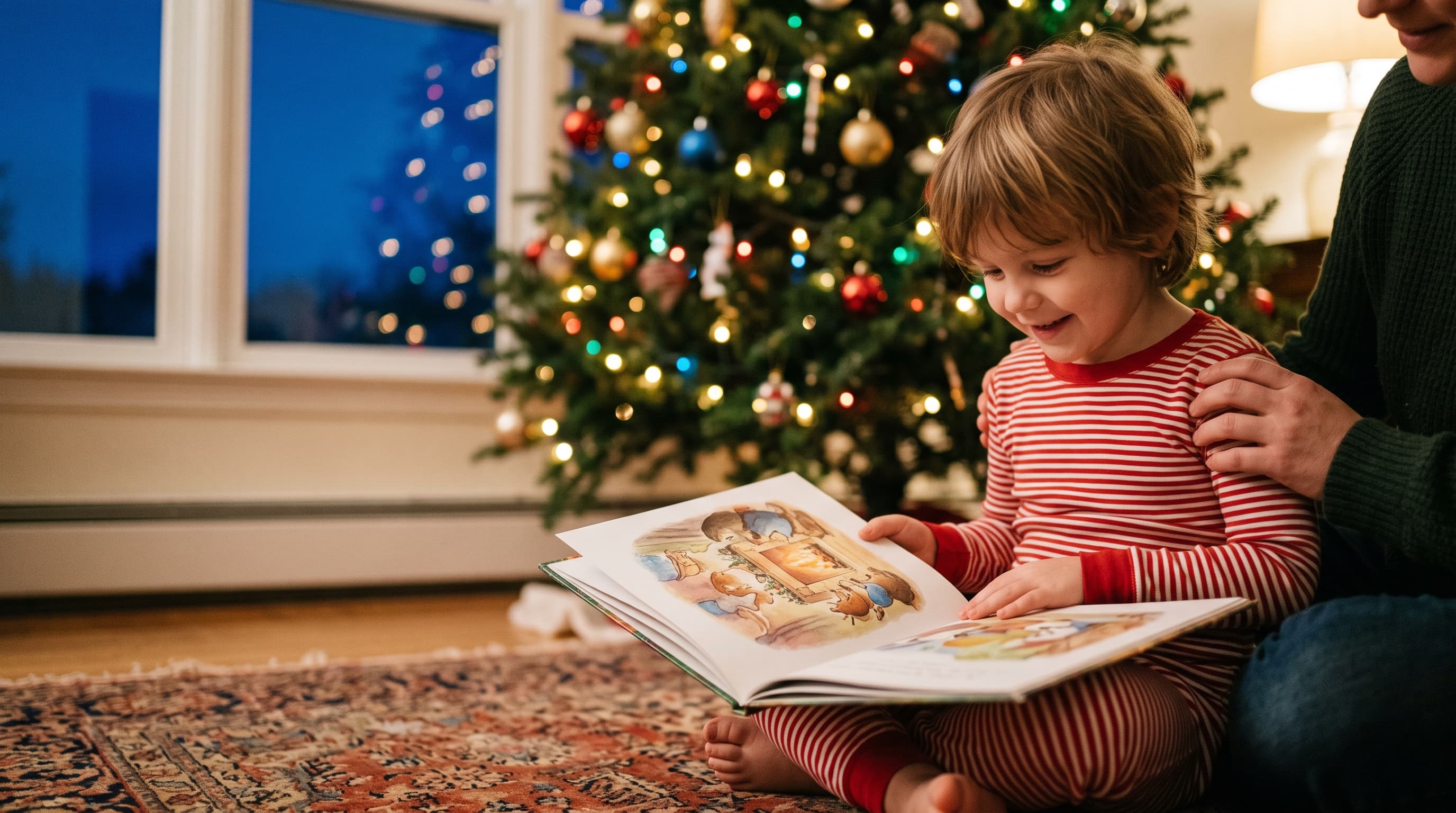 A child in striped pyjamas sitting by a lit Christmas tree, reading an illustrated hardcover book with a parent beside them.