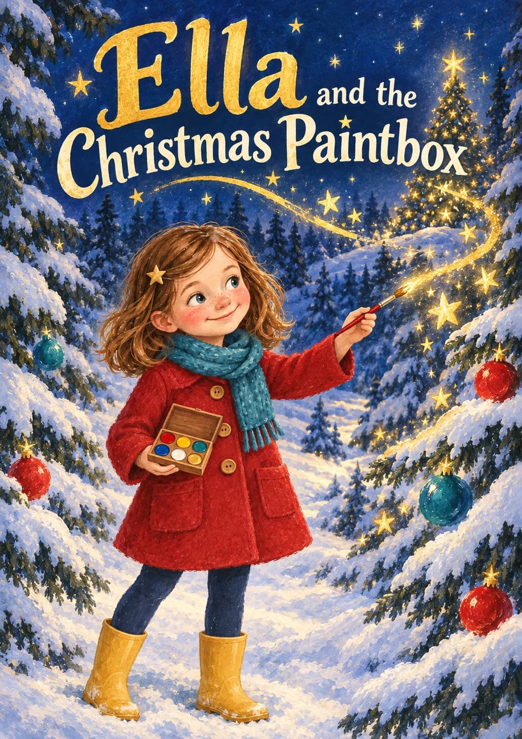 Ella and the Christmas Paintbox: an illustrated Christmas book starring a girl in a red coat with a magical paintbrush.