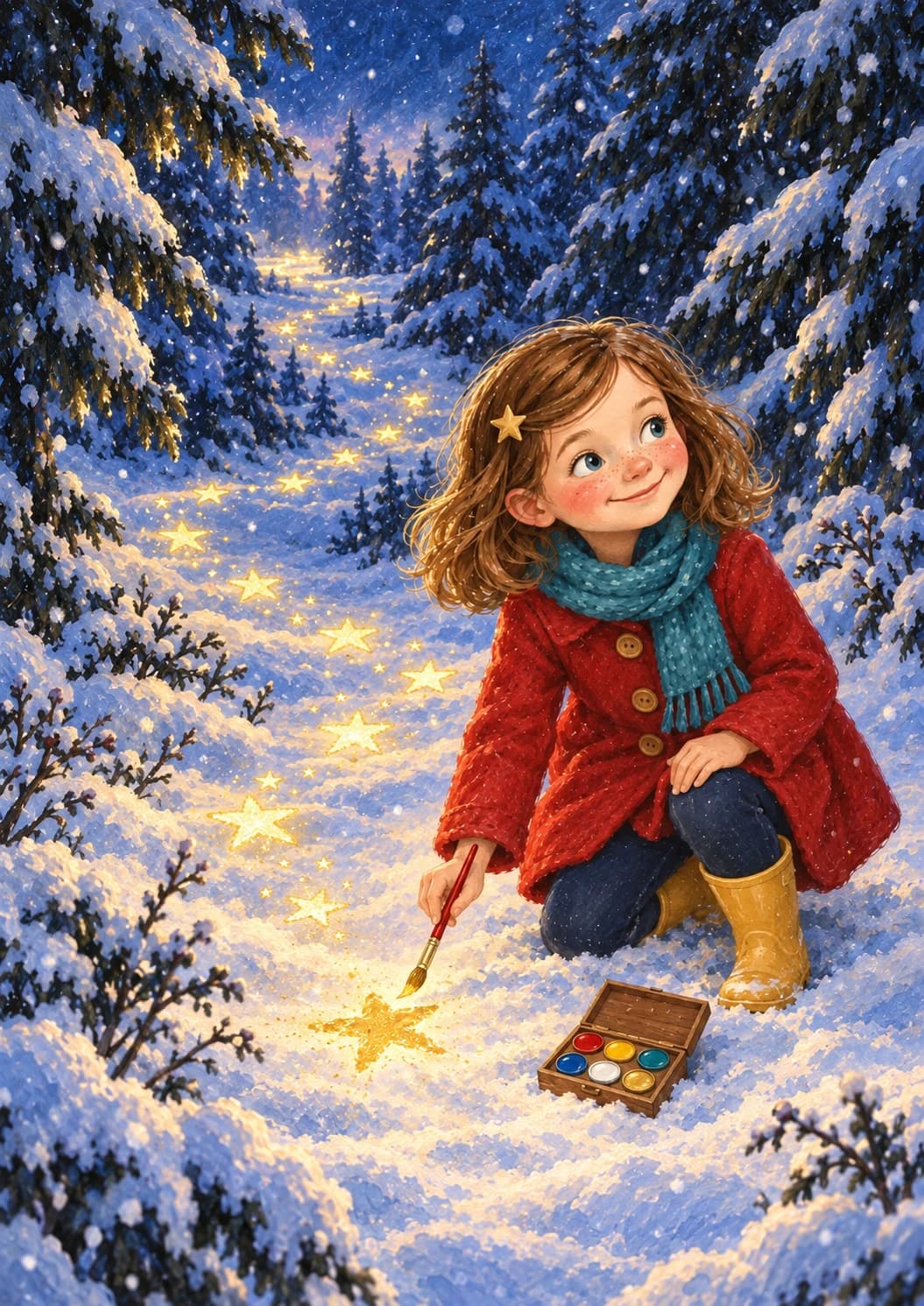 Ella kneels in the snow with her paintbox as a golden painted star becomes a glowing trail through the fir trees.