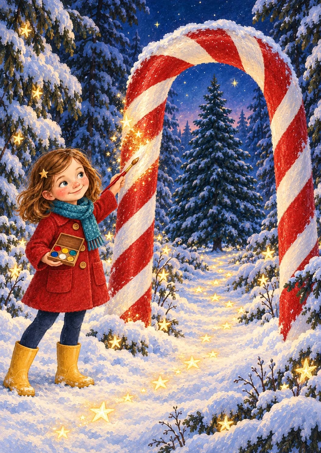 Ella paints a giant candy-cane gateway into her snowy Christmas adventure.