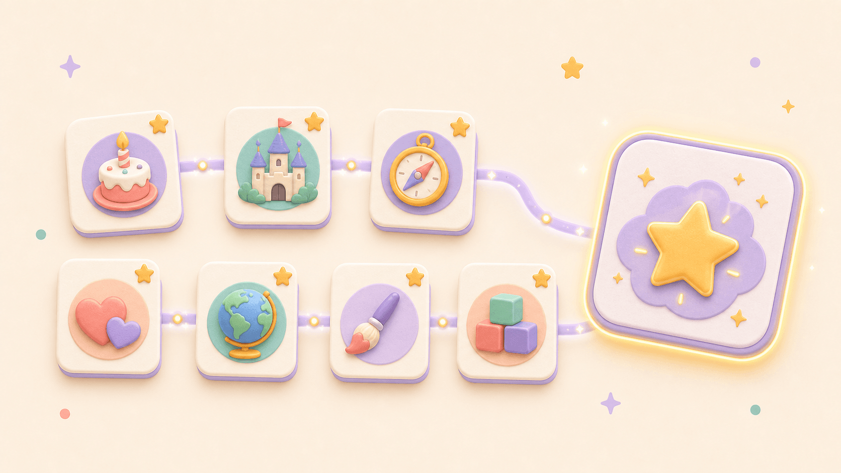 Colorful story choice tiles connected along a glowing path toward a finished story spark.