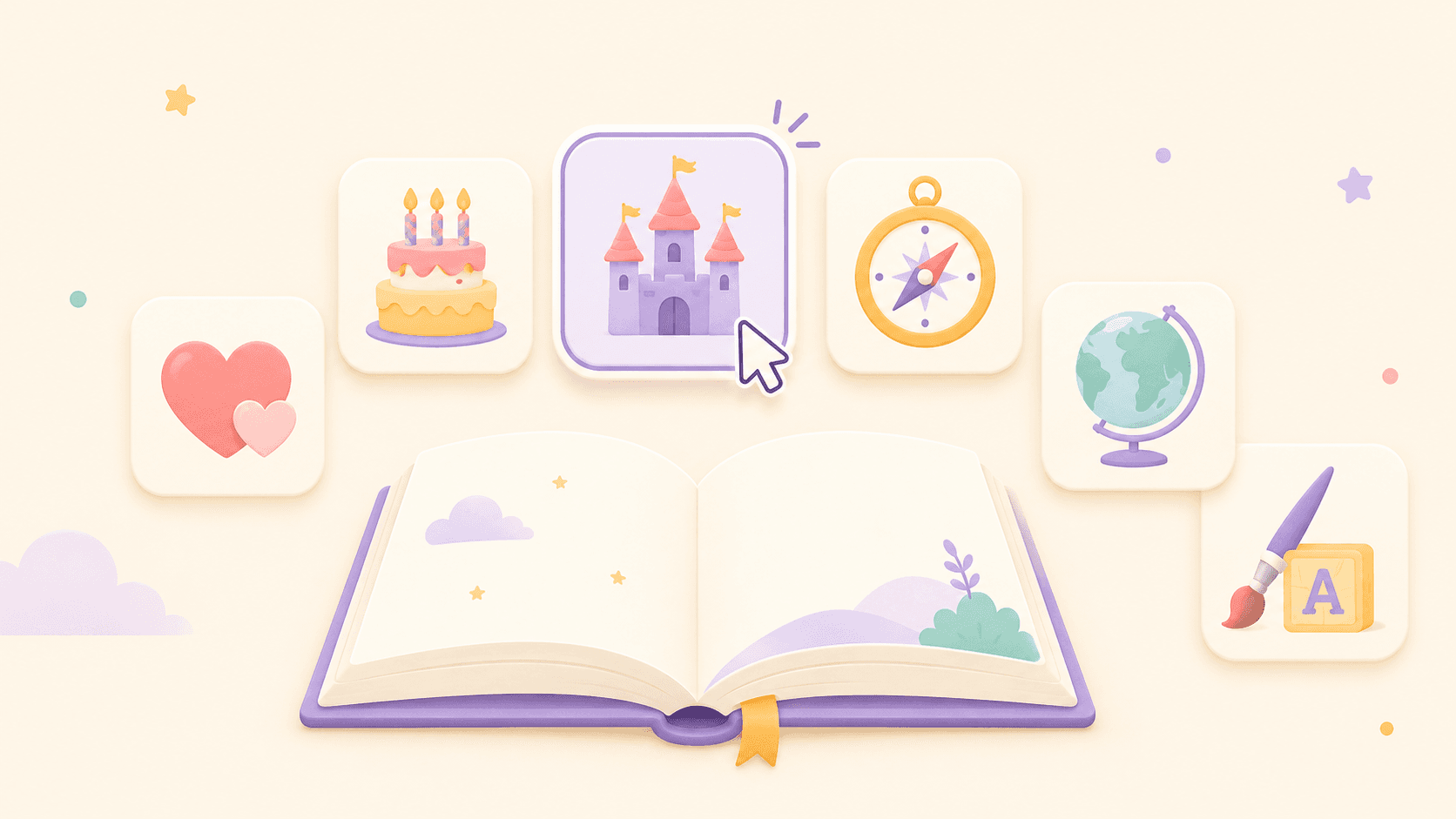 Story choices including age, theme, subject, message, language, and visual style arranged around an open book.