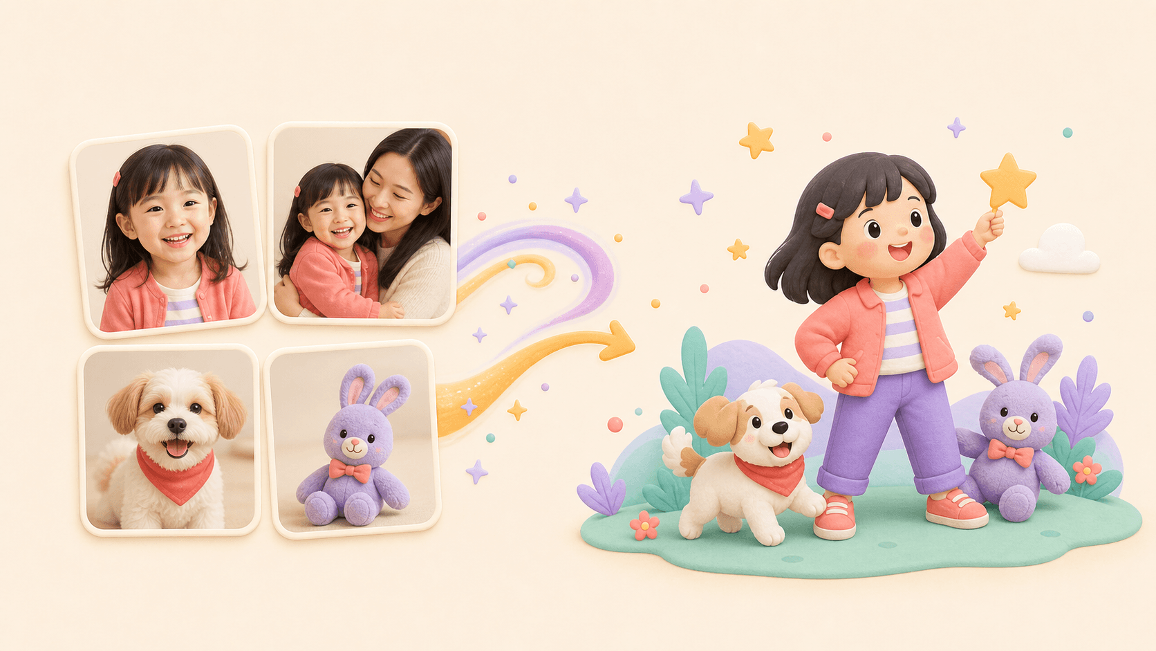 Child, family, pet, and favorite-toy references becoming one consistent illustrated hero.