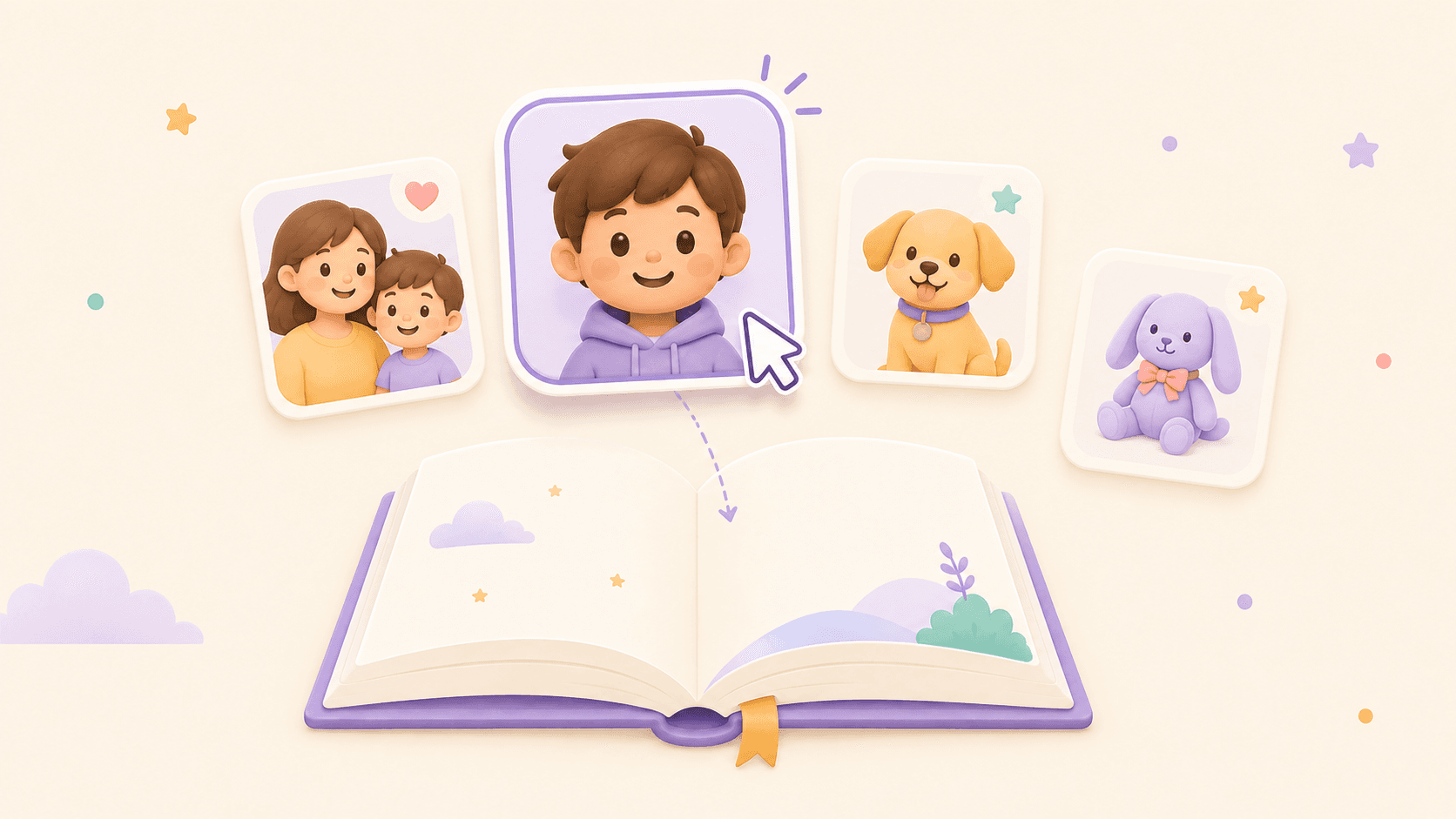 Child, family, pet, and favourite-toy references being added to an open book.