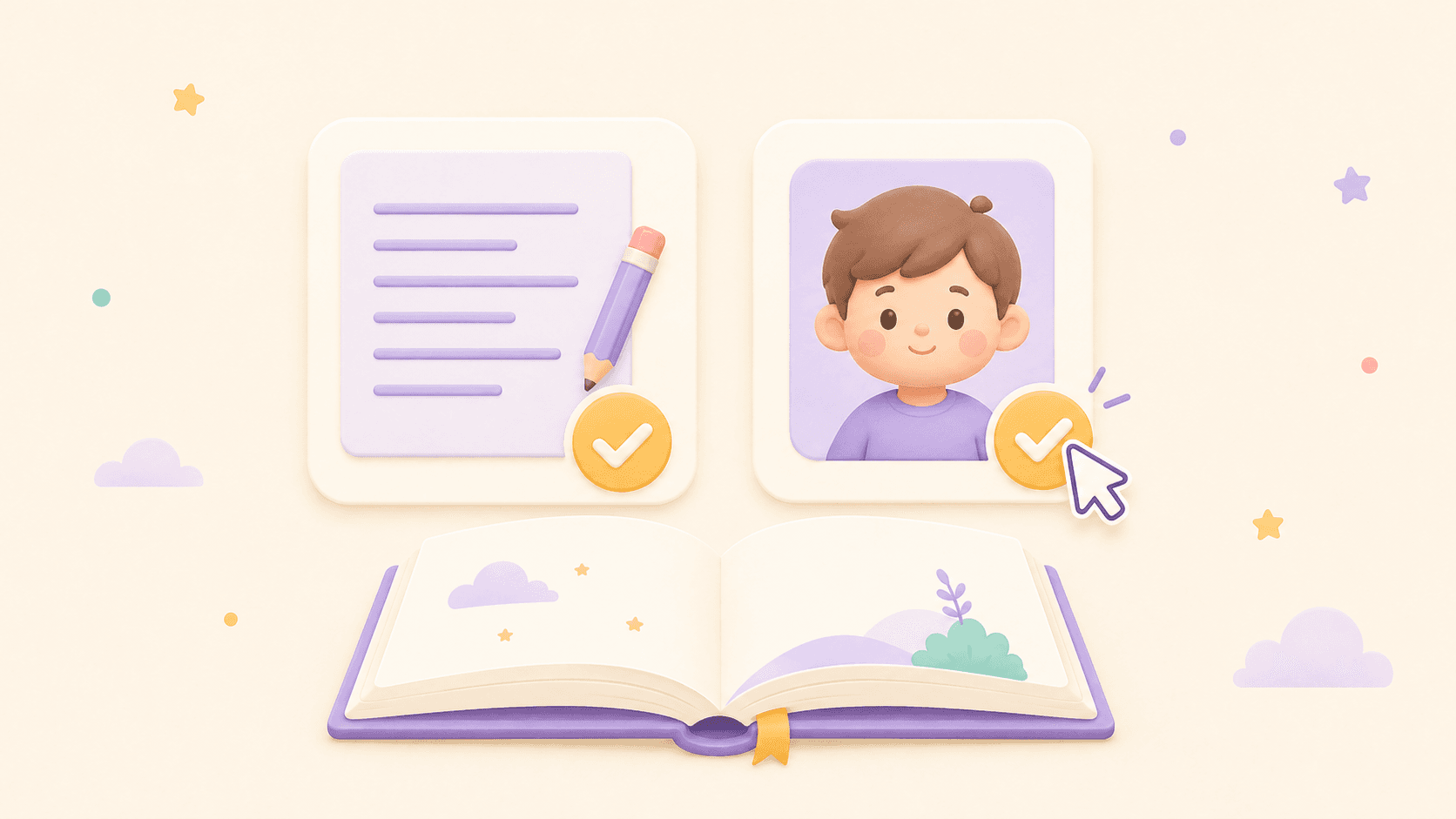 A manuscript and child character portrait with approval checkmarks above an open book.