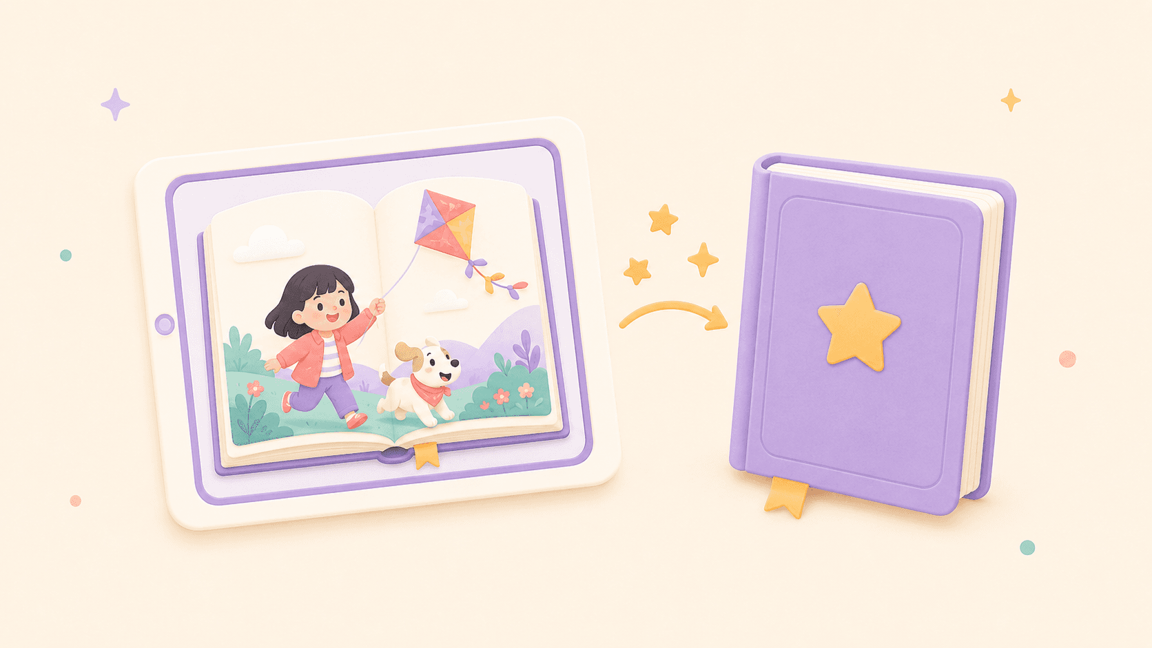 A finished illustrated digital book becoming a purple hardcover keepsake.