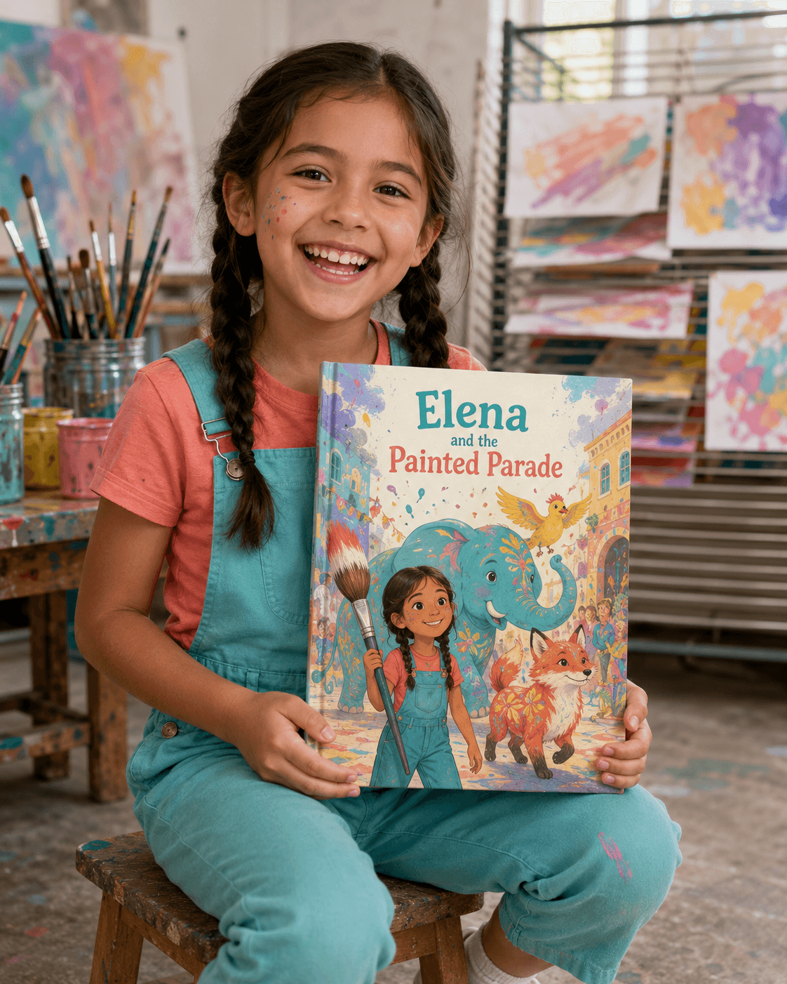 Elena proudly holding her personalized book.