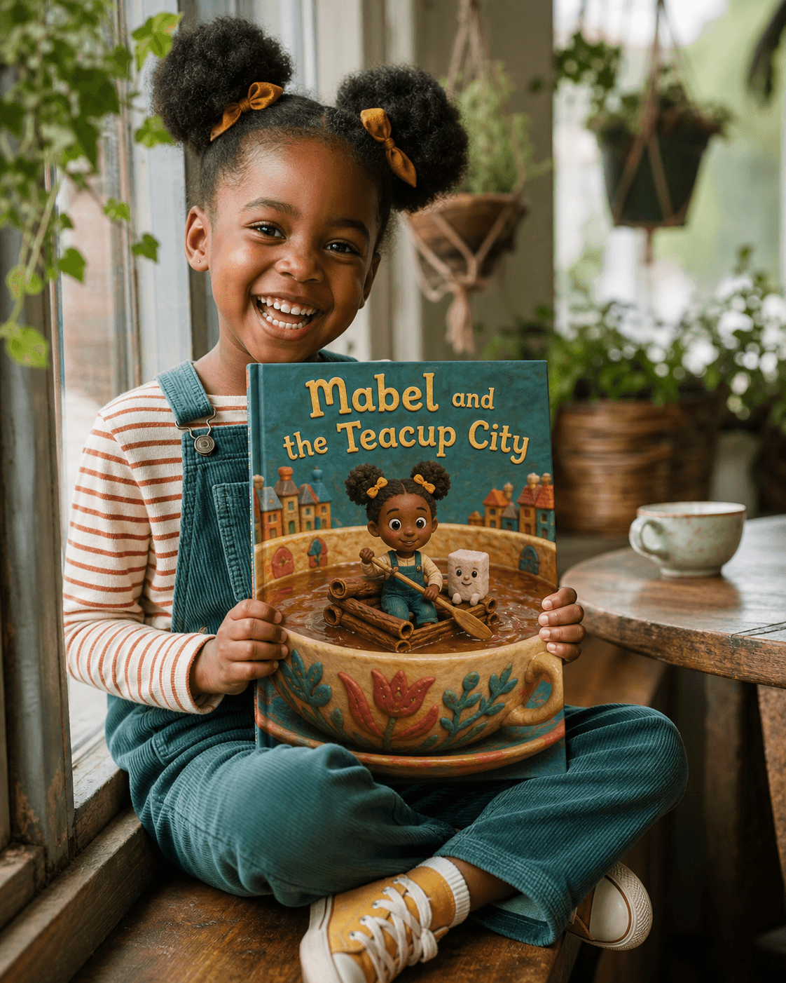 Mabel proudly holding her personalized book.