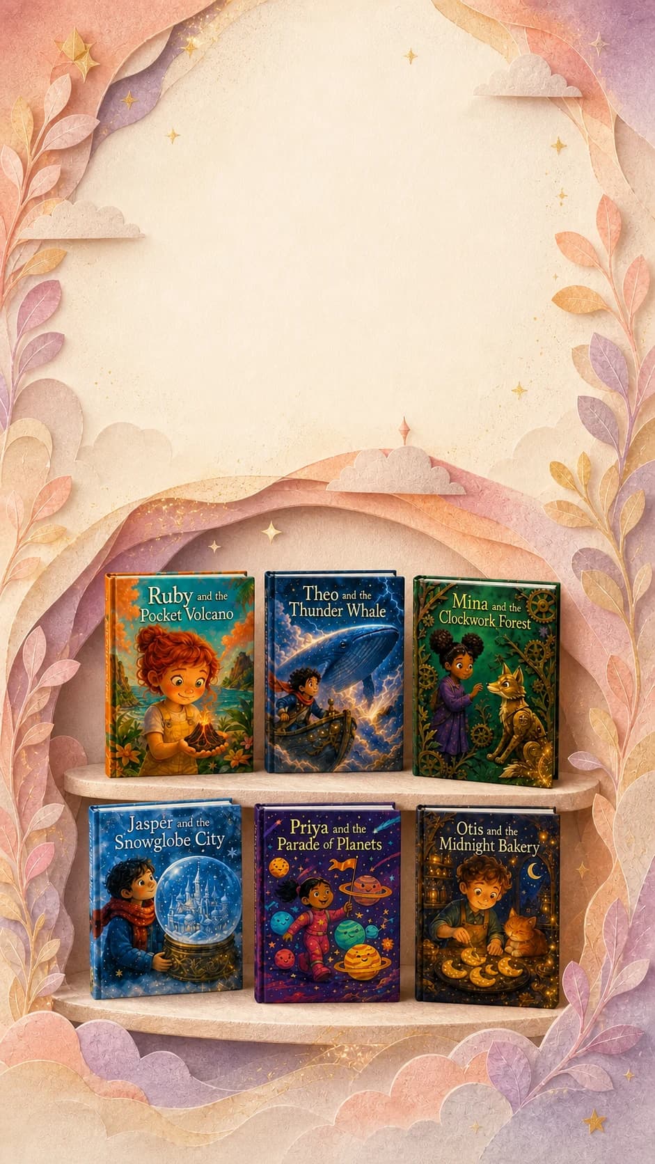 Six colorful personalized children’s book covers arranged in a magical display with drifting golden stardust.