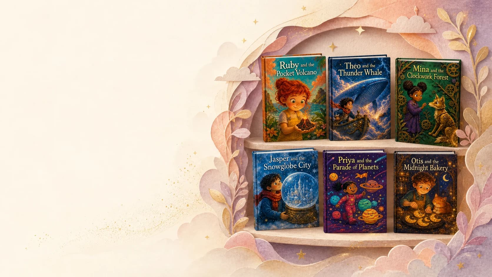 Six colorful personalized children’s book covers arranged in a magical display with drifting golden stardust.