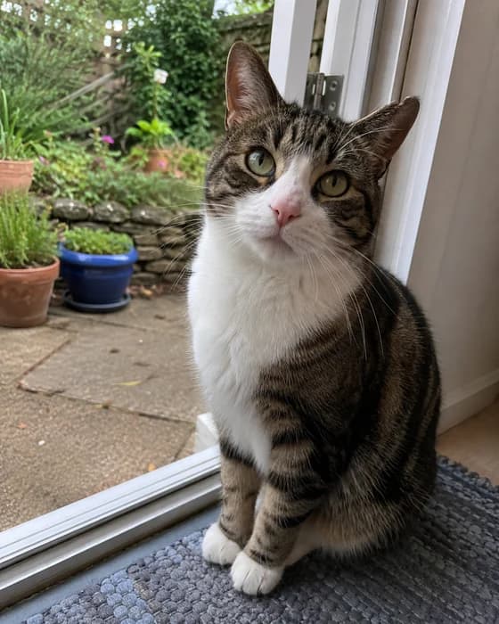 Example uploaded photo of the tabby-and-white cat used for Roxie