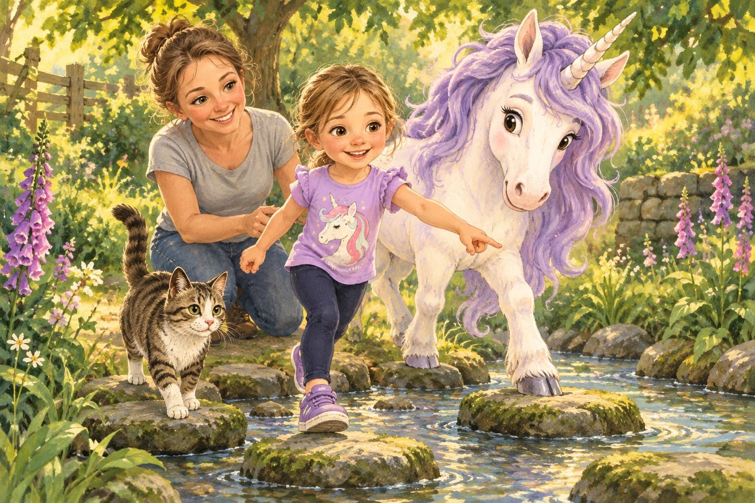 A storybook illustration based on the three reference photos: Emma shows a unicorn the stepping stones while Mom encourages her and Roxie the cat leads the way.