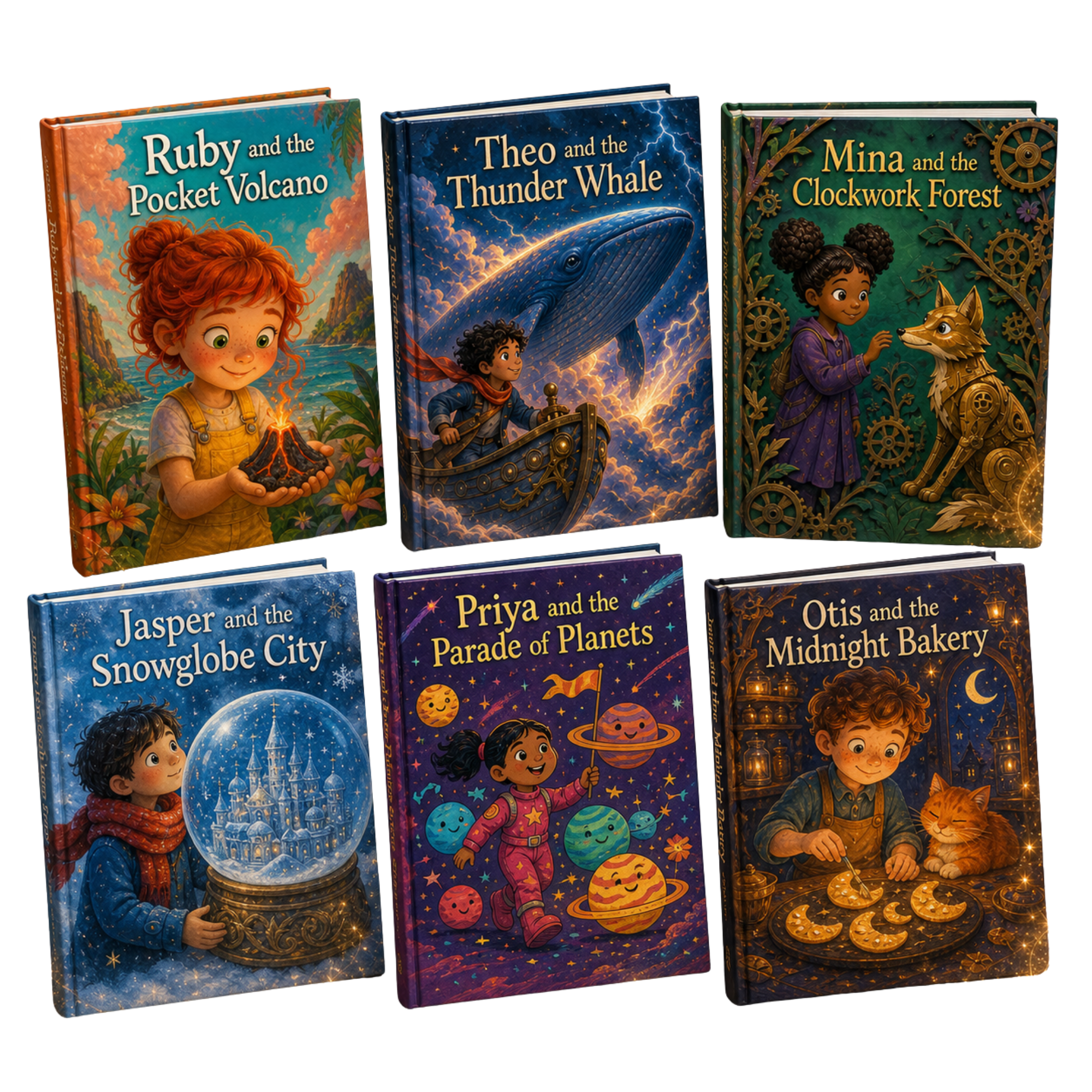Six colorful personalized children’s book covers arranged in a magical display with drifting golden stardust.