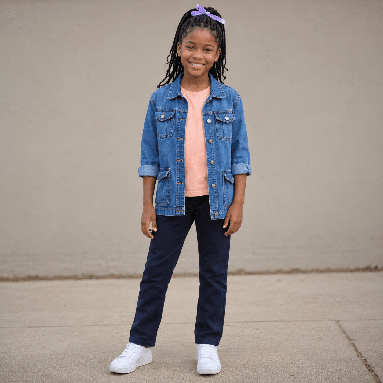 Photorealistic character reference for Ada in a denim utility jacket.