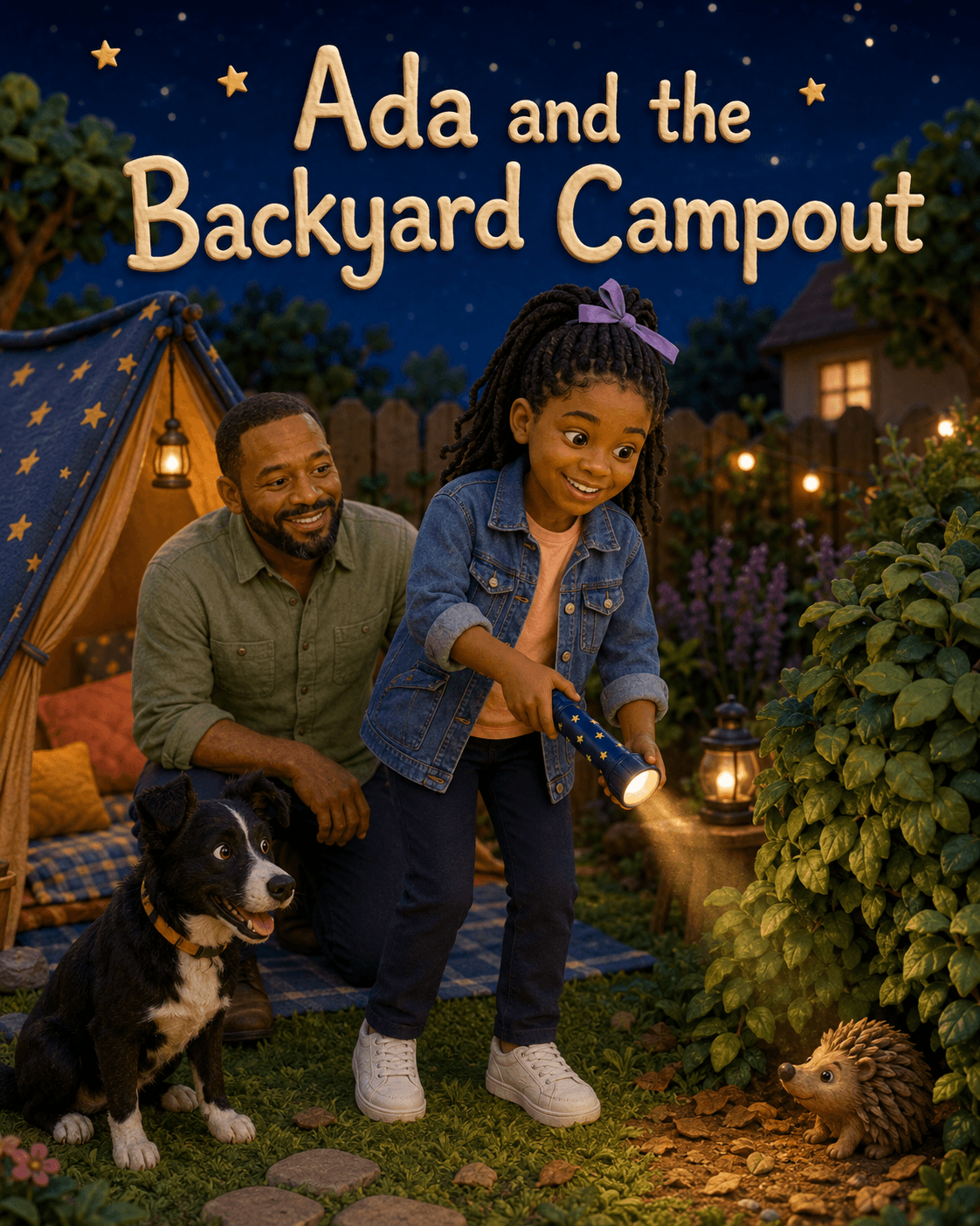 Clay-animation cover of Ada camping in the backyard with her dad and dog and discovering a hedgehog by torchlight.