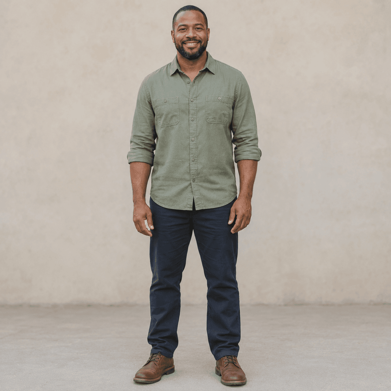 Photorealistic character reference for Ada's dad in a sage green shirt.
