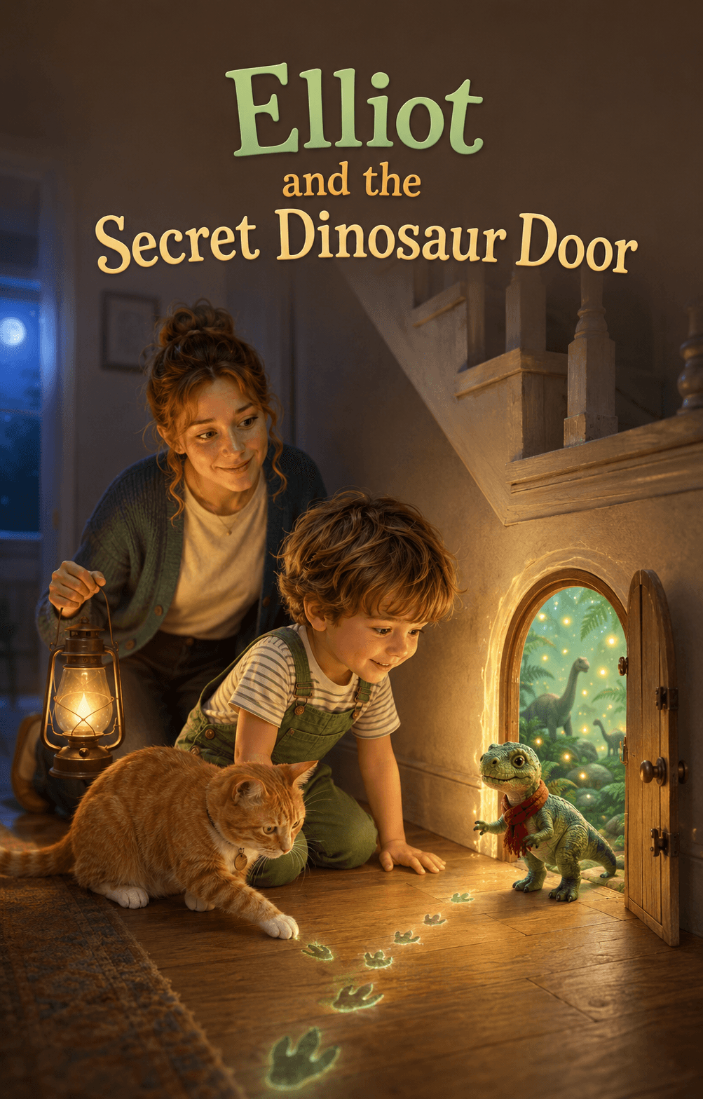 3D animated cover of Elliot, his mum, and their cat discovering a tiny glowing door to a dinosaur world.