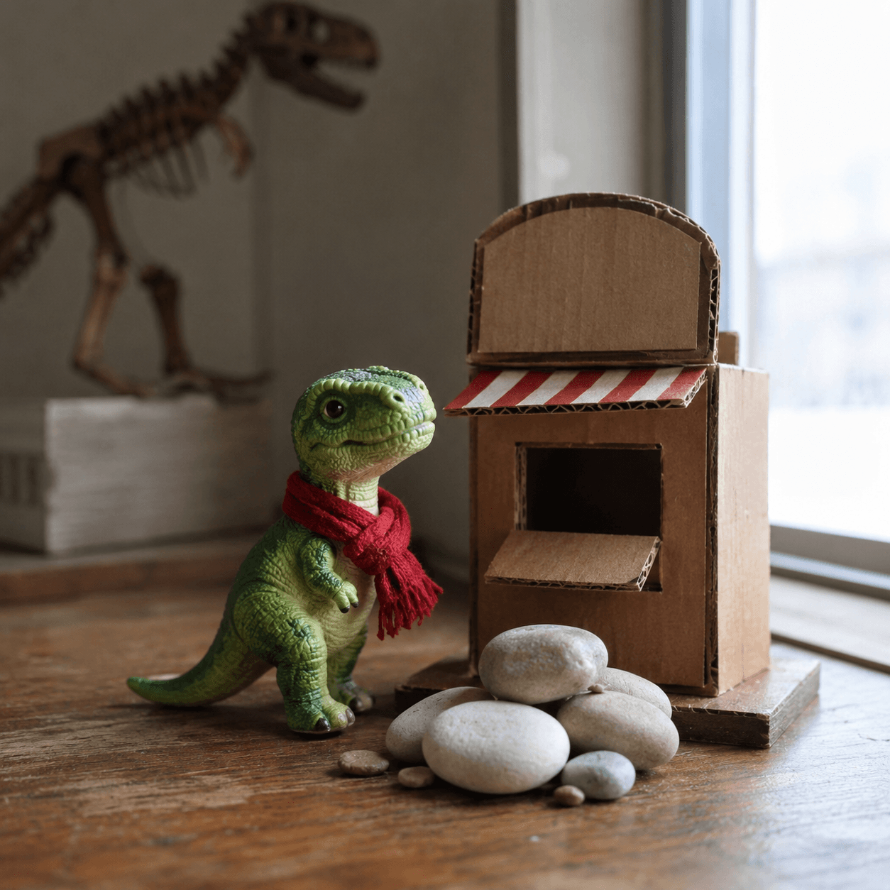 Photorealistic reference for Elliot's small green toy dinosaur with a red scarf.