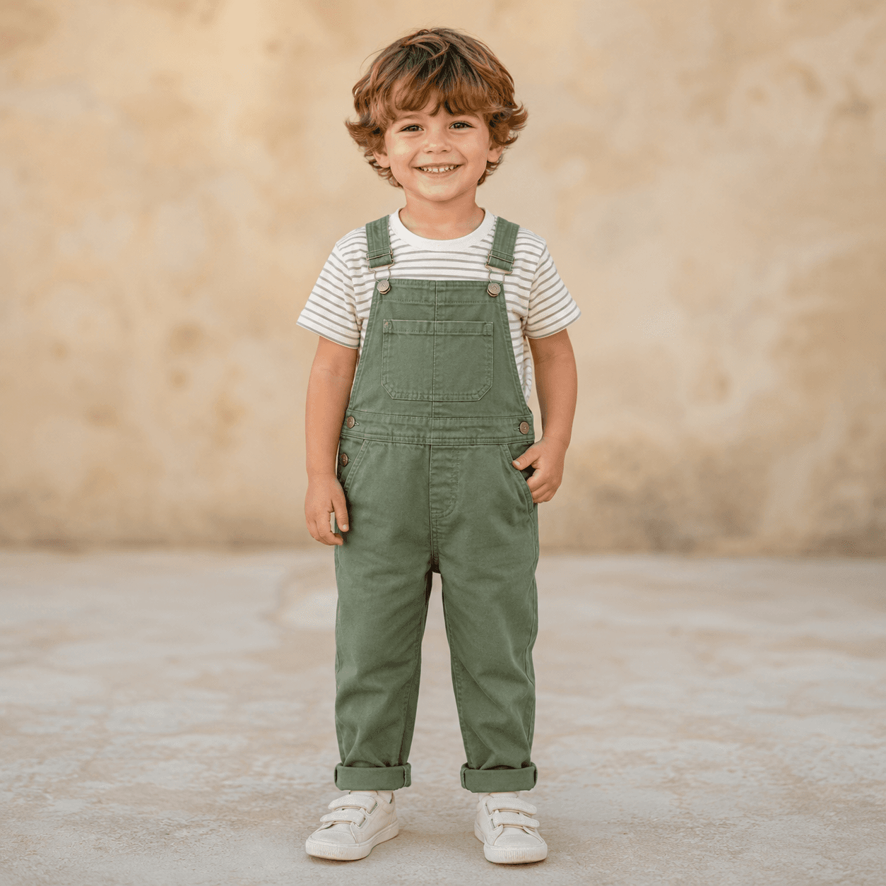 Photorealistic character reference for Elliot in green overalls.