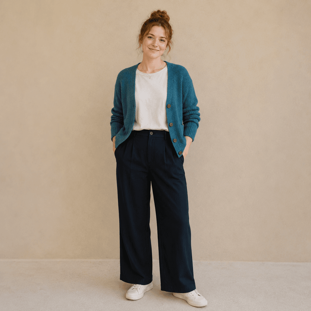 Photorealistic character reference for Elliot's mum in a teal cardigan.