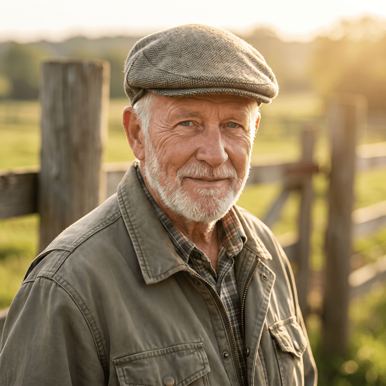 Photorealistic character reference for Ivy's grandad in a flat cap and work jacket.