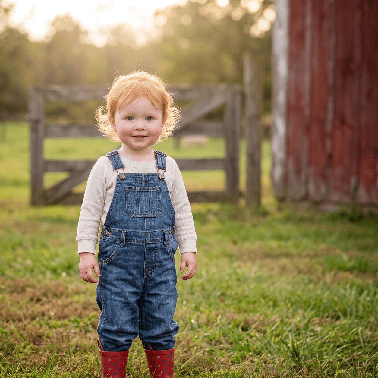 Photorealistic character reference for Ivy in denim dungarees and red spotty wellies.