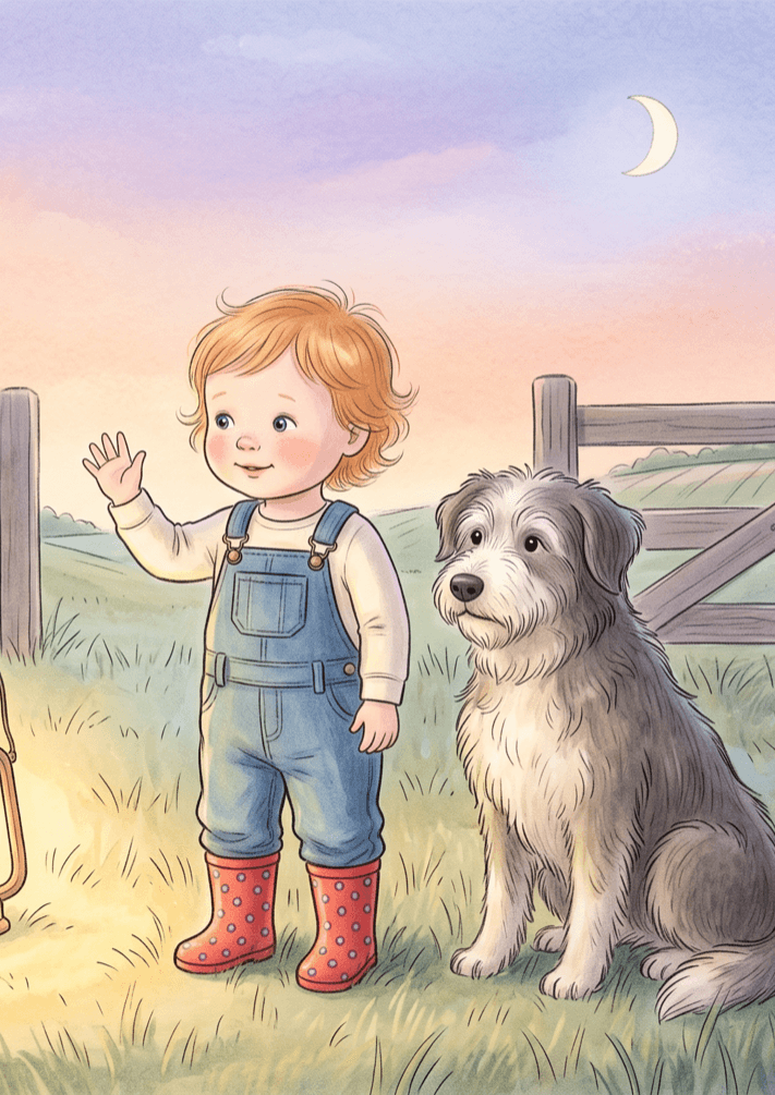 Interior illustration from Ivy and the Sleepy Farm, showing Ivy waving goodnight to the hens with the sheepdog beside her.