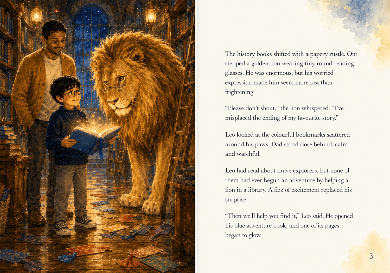 Open sample spread from Leo and the Library Lion, with Leo meeting the library lion beside the typeset story page.