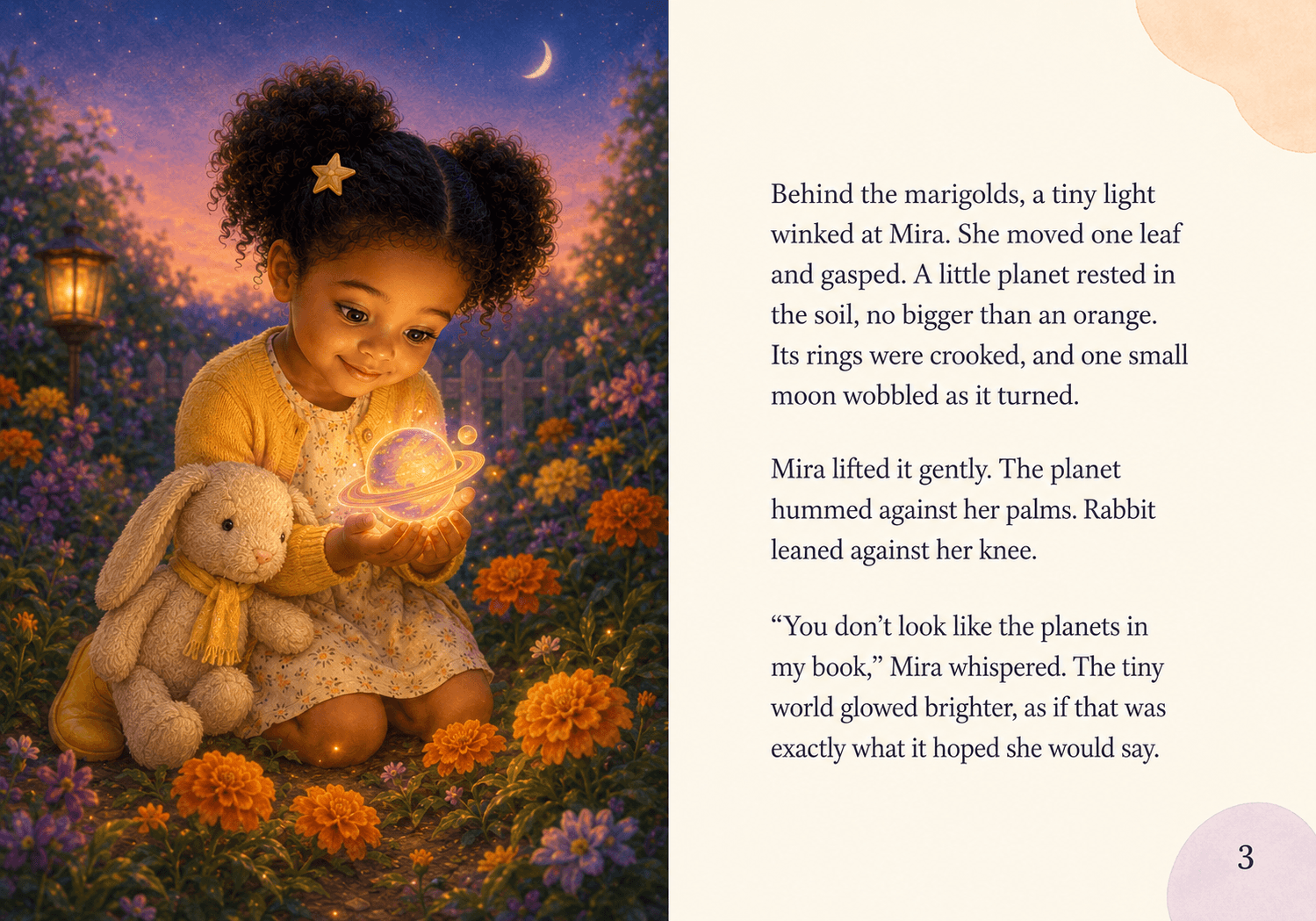 Open sample spread from Mira and the Pocket Planet, with Mira discovering a glowing planet beside the typeset story page.