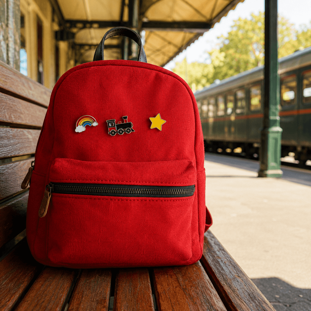 Photorealistic reference for Noor's red backpack with colourful travel pins.