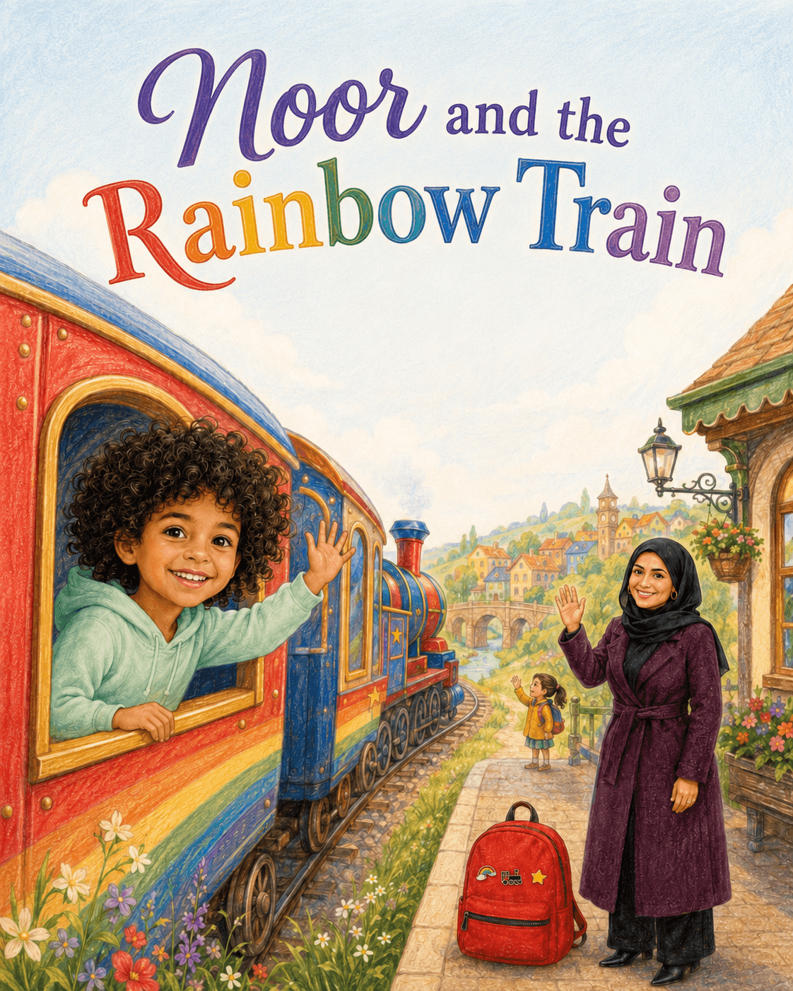 Colored-pencil cover of Noor waving from a rainbow train while her mum sees her off at a country station.